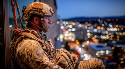 Military personnel observes urban landscape from high-rise building at dusk during tactical training operation