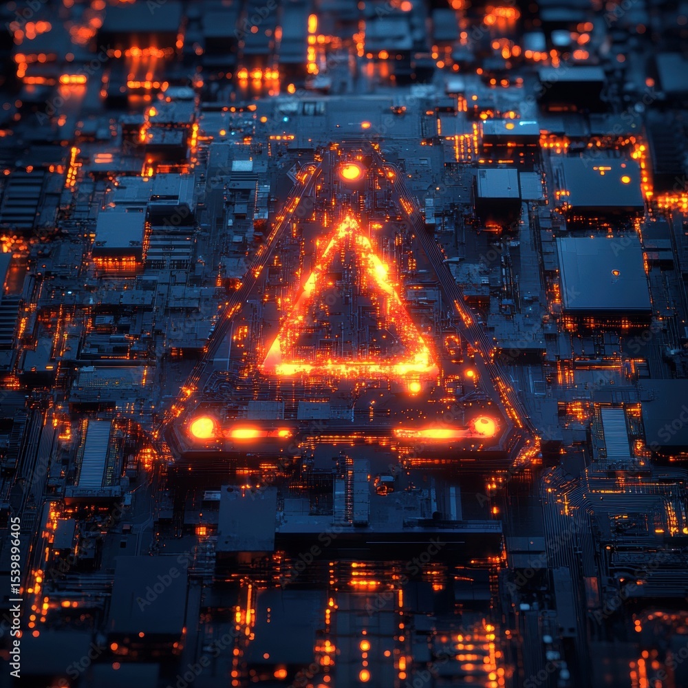 Poster complex dark structure with highlighted orange triangle as central focus