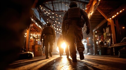 Soldiers walking through a dimly lit marketplace with string lights in the evening atmosphere