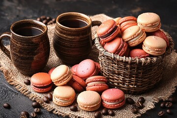 Rustic coffee break: delicious macarons with hot coffee in cozy setting