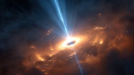 A blue beam of cosmic light erupts from the event horizon of a supermassive black hole, surrounded by bright light beams, space rays, and a blue spiral glow