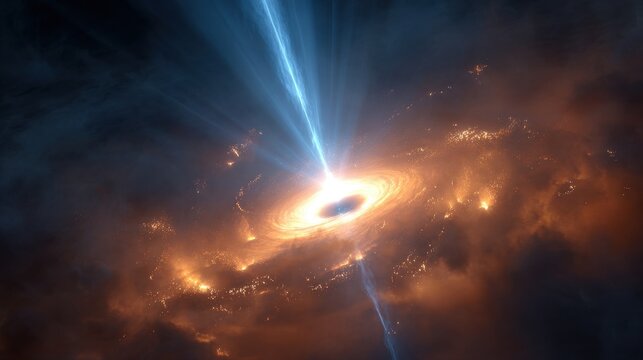 A blue beam of cosmic light erupts from the event horizon of a supermassive black hole, surrounded by bright light beams, space rays, and a blue spiral glow
