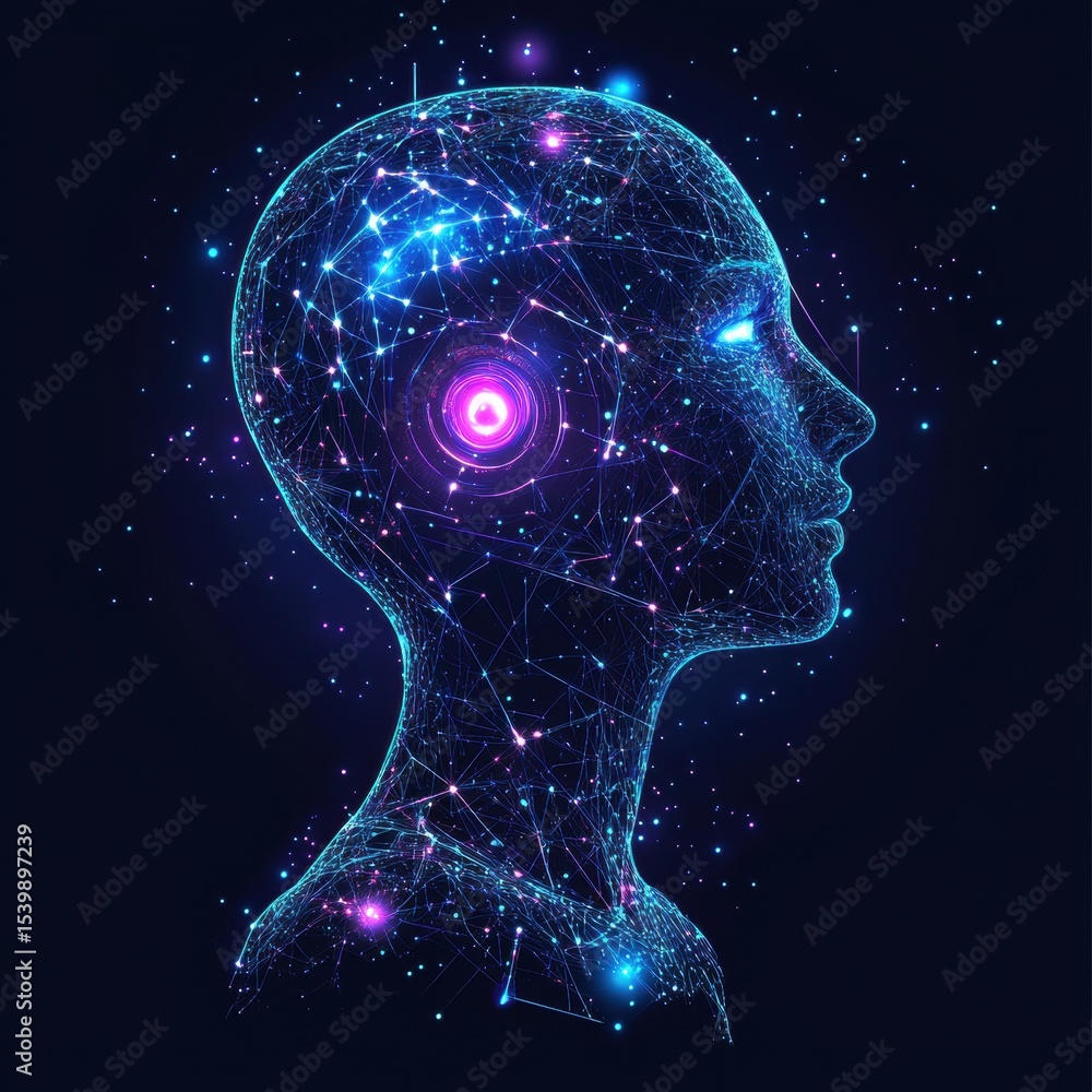 Poster abstract visualization of human head with interconnected glowing network
