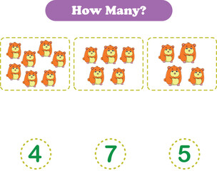 Obraz premium Counting game of wild animals for preschool kids. Counting hamster. Printable. Vector Illustration