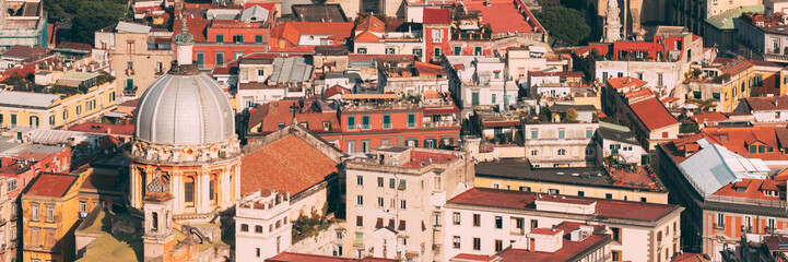 Naples, Italy. Top View Cityscape Skyline With Famous Landmarks In Sunny Day. Many Old Churches And Temples