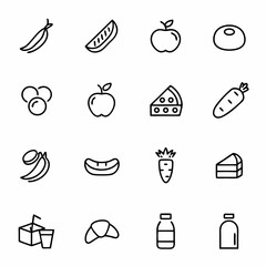 Healthy food icons set vector illustration of fruits vegetables dairy and bakery products in outline style