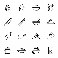 Kitchenware cooking utensils food preparation icons set vector illustration outline style design