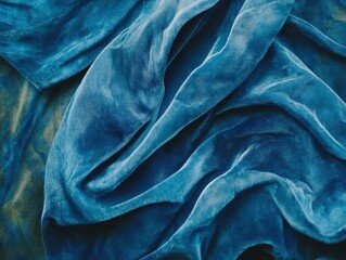 Elegant blue velvet fabric drapes gracefully, showcasing its soft texture and rich color, ideal for fashion, upholstery, and textile design projects.