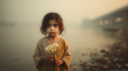 Poor girl holding flowers in polluted environment