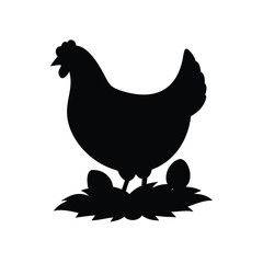 A black silhouette of a hen sitting on a nest of eggs.