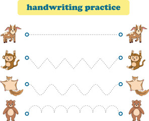 Fototapeta premium Handwriting Practice. Tracing lines for kids with animals. Vector Illustration