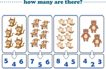 Counting game of wild animals for preschool kids. Printable. Vector Illustration