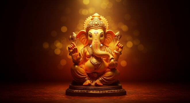 An elegant Ganesha statue on a red and gold background, shining with a divine aura