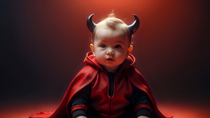 Little baby in halloween costume as red devil, abstract red gradient background
