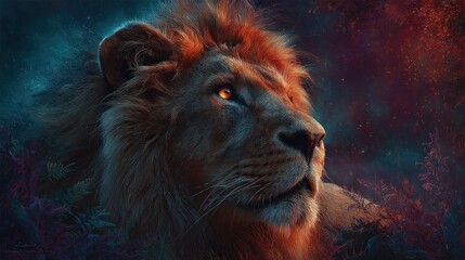 Naklejka premium A lion with a fiery mane, glowing eyes, fantasy forest background, epic atmosphere, ultra detailed digital painting.