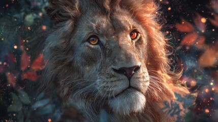 Naklejka premium A lion with a fiery mane, glowing eyes, fantasy forest background, epic atmosphere, ultra detailed digital painting.