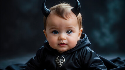 Little baby in halloween costume as black devil, abstract gradient background