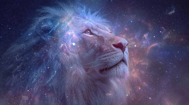A lion made of stars and nebula, cosmic galaxy theme, surreal style, glowing particles, dreamy background.