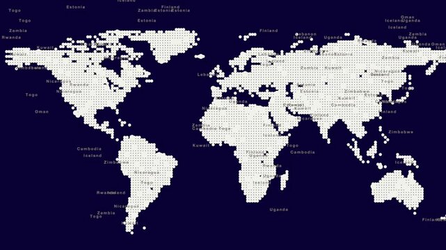 Digital pixel map of the world with country names in white