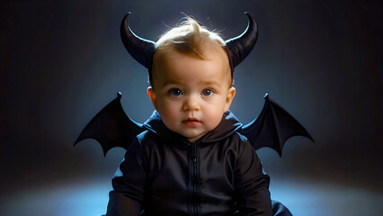 Little baby in halloween costume as black devil, abstract gradient background