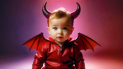 Little baby in halloween costume as red devil, abstract red gradient background