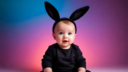 Little baby dressed as black bunny, abstract gradient background
