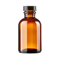 Amber glass bottle with black cap isolated on transparent background