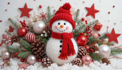 Festive Snowman with Red Hat and Christmas Decorations