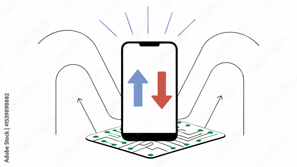 Poster smartphone with arrows indicating data transfer, surrounded by circuit patterns, symbolizes