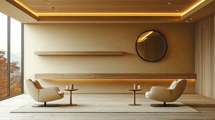 Elegant minimalist living room design featuring neutral tones and modern furniture