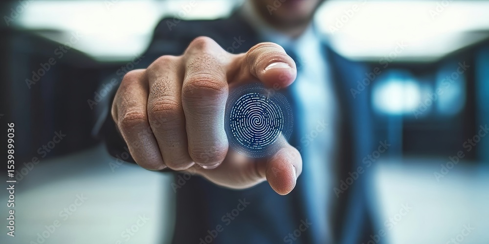Poster businessman scanning digital fingerprint for secure access and modern identity verification