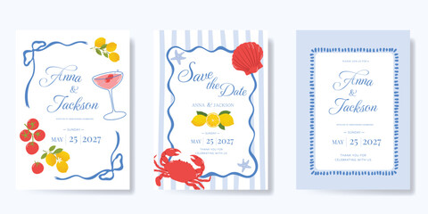 Italy summer party invitation card vector. Italian poster with lemon, crab, tomato, shell, wine. Design for wedding card, greeting card, cover, poster.