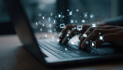 Hands typing on laptop, digital media icons emanating from keyboard, signifying online interaction and content creation