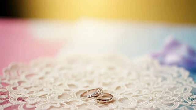 Wedding rings resting on decorative lace doily with soft background  