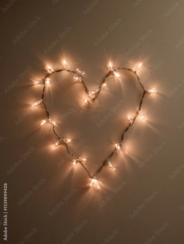 Poster heart-shaped string lights created on a neutral wall for a cozy and warm atmosphere during a romanti