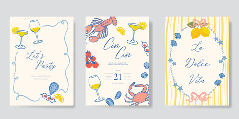 Italy summer party invitation card vector. Italian poster with lemon, leaves, lobster, wine, cheese, tomato, crab, shell in line art. Design for wedding card, greeting card, cover, poster.