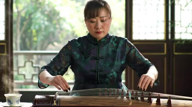 Woman Playing Guzheng Traditional Chinese Zither Music