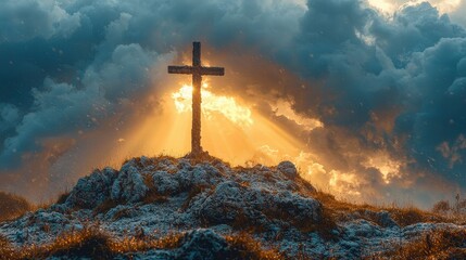 Fototapeta premium Majestic cross silhouetted against dramatic sunset clouds with sunbeams illuminating the sky