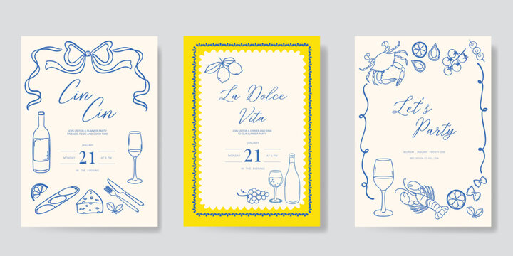 Italy summer party invitation card vector. Italian poster with lemon, leaves, lobster, wine, cheese, tomato in line art. Design for wedding card, greeting card, cover, poster.