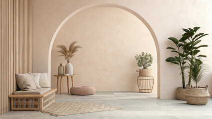 Neutral-toned Room Interior Design: Archway, Plants, and Minimalist Decor