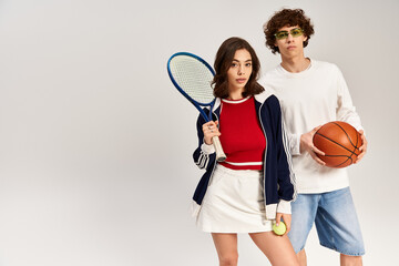 Fototapeta premium Young couple showcases sporty style with tennis racket and basketball in trendy studio