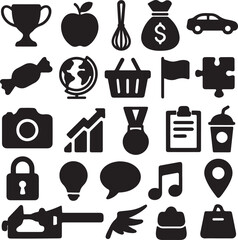 A collection of 20 versatile black silhouettes featuring everyday objects like cards, fruits, utensils, and tech gadgets. Perfect for icons, print, packaging, or minimalist design projects.