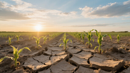 The parched cornfield at sunset