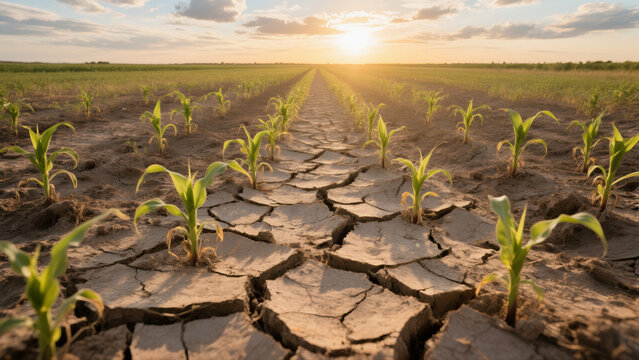 The parched cornfield at sunset