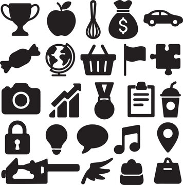 A collection of 20 versatile black silhouettes featuring everyday objects like cards, fruits, utensils, and tech gadgets. Perfect for icons, print, packaging, or minimalist design projects.