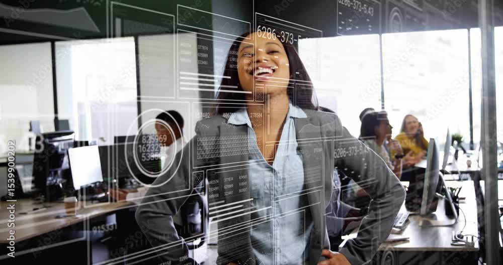 Poster executive standing in office overlaying data graphics updating numbers sparking smiling laughing