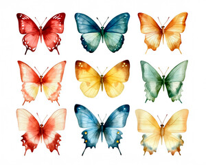 Watercolor ai-generared illustration of a Colored Butterfly Collection. Isolated on a white background