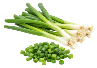 Fresh green onions and chopped pieces isolated on transparent background