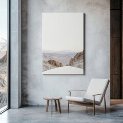 Interior scene with landscape art and modern chair near concrete wall
