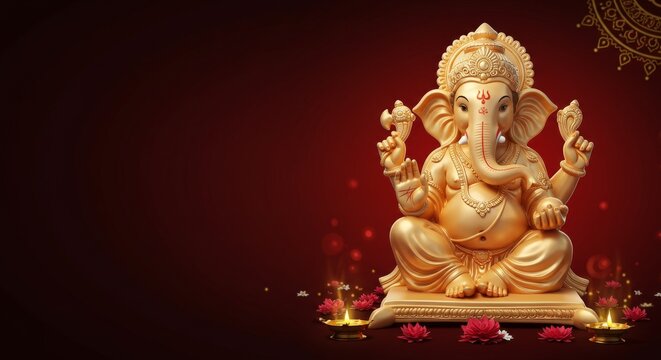Elegant Ganesha statue with red and gold decorative background, shining light aura, soft red to gold gradient